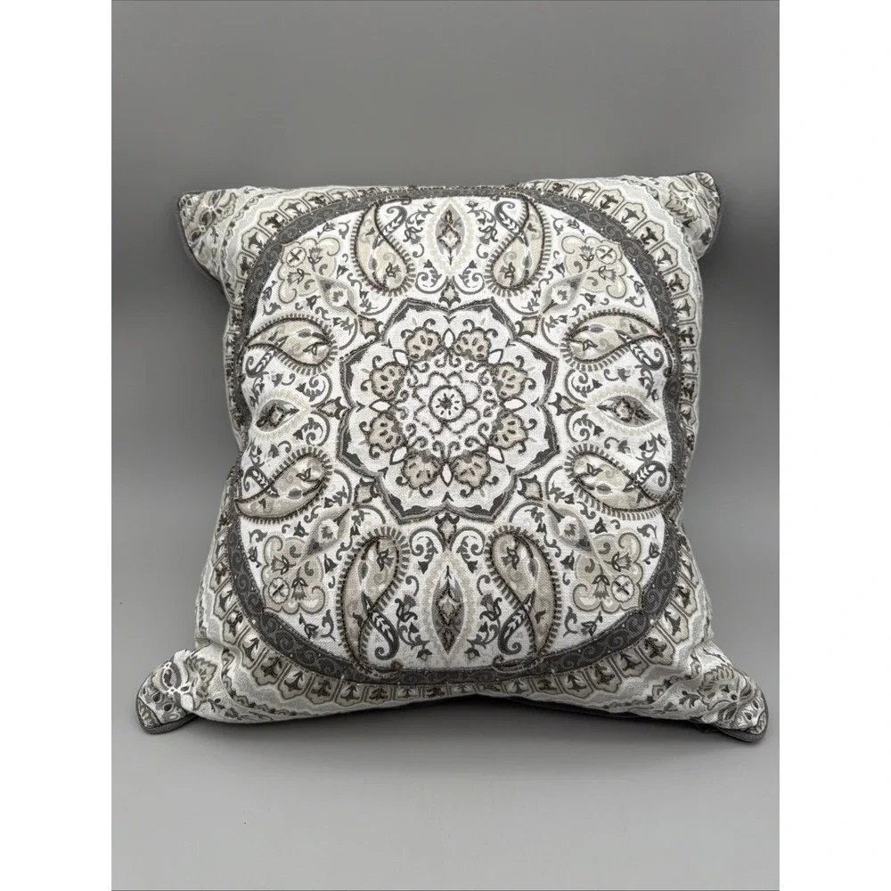 Set of 3 Beaded Medallion Decorative Pillows 18x18 Gray Ivory Paisley*